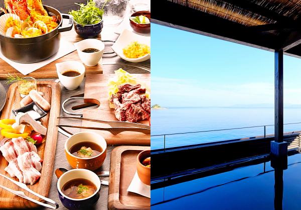 同じく海をのぞむ屋内レストランで本格バーベキュー夕食、地下1,180mから湧き出る汐湯と大海原の絶景が自慢の温泉もオススメ ♪(※イメージ)