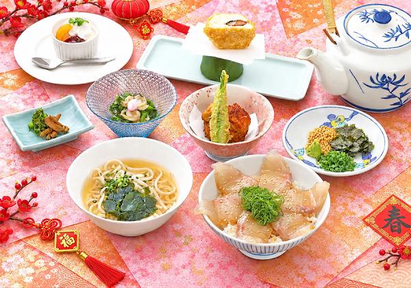 <お品書き> ・長崎県産鯛茶漬け(5切れ) ・五島うどん ・ハトシ ・ちゃんぽん鍋 ・びわプリン ・香物 全6品(※料理イメージ / 出発日及び仕入れ状況により器や料理内容が変更になる場合があります。)